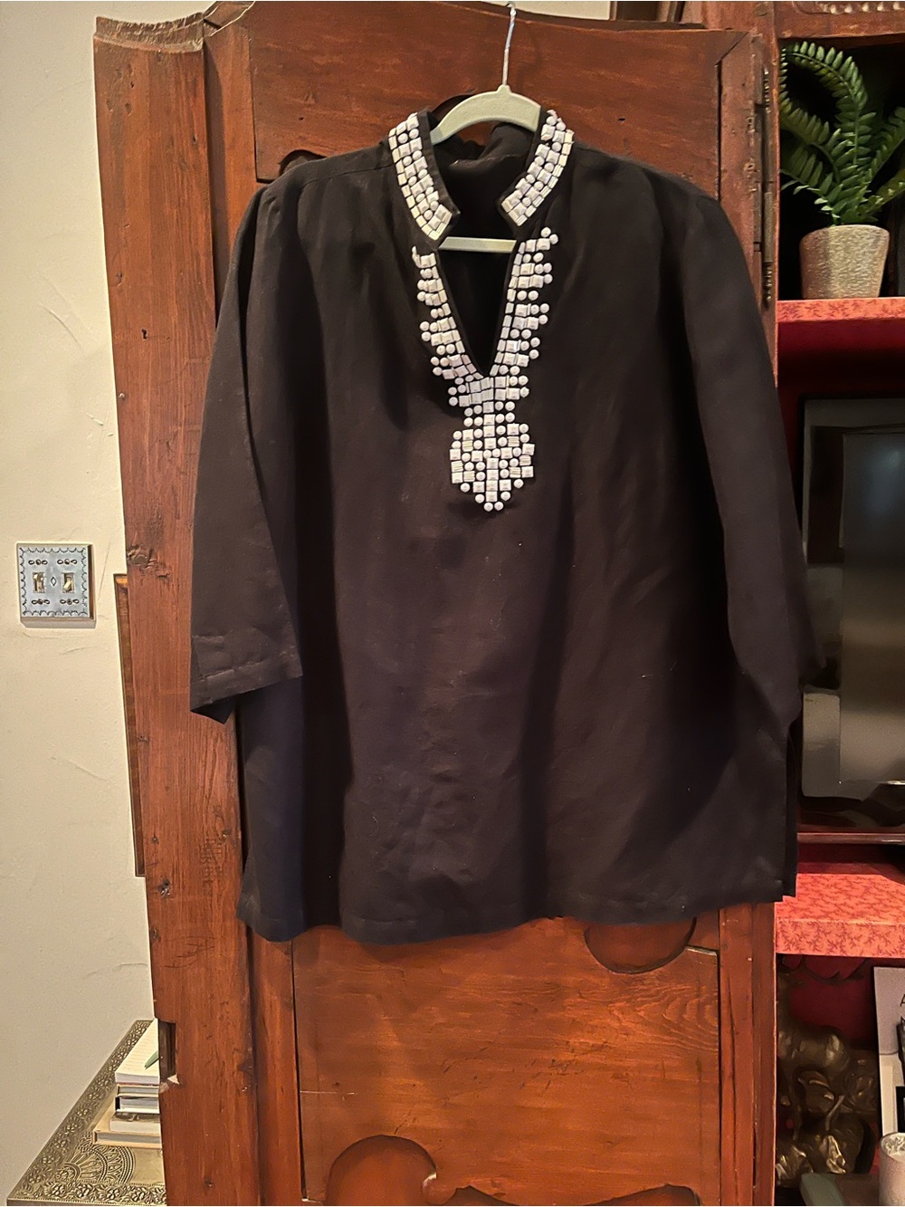 Chico's Black Tunic with White Beaded V-Neck